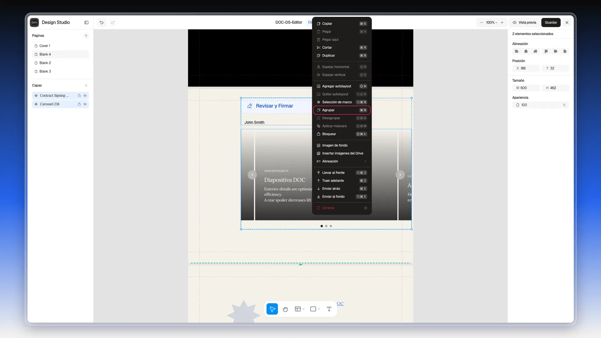 Menú del clic derecho abierto sobre dos elementos, con la opción Agrupar resaltada
