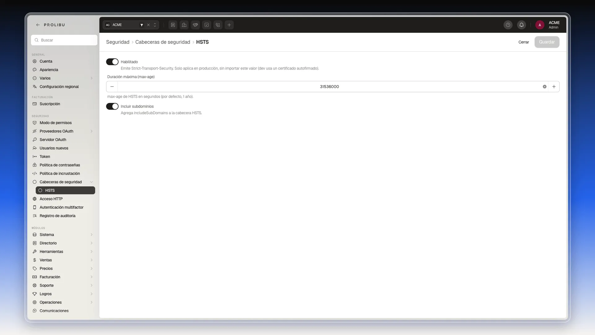 Pantalla HSTS con Habilitado, Duración máxima e Incluir subdominios