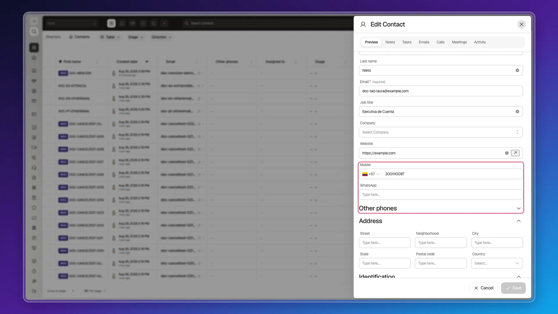 Mobile, WhatsApp, and Other phones fields in the Primary section of the contact form