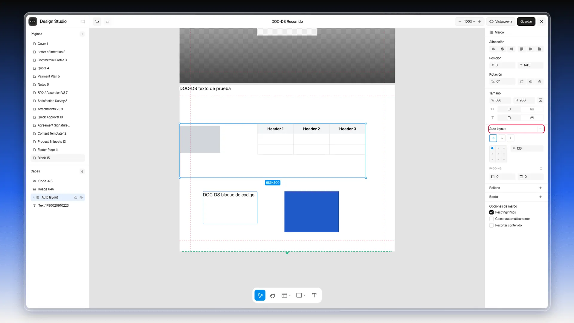 Marco Auto layout seleccionado, con la sección Auto layout del panel derecho resaltada
