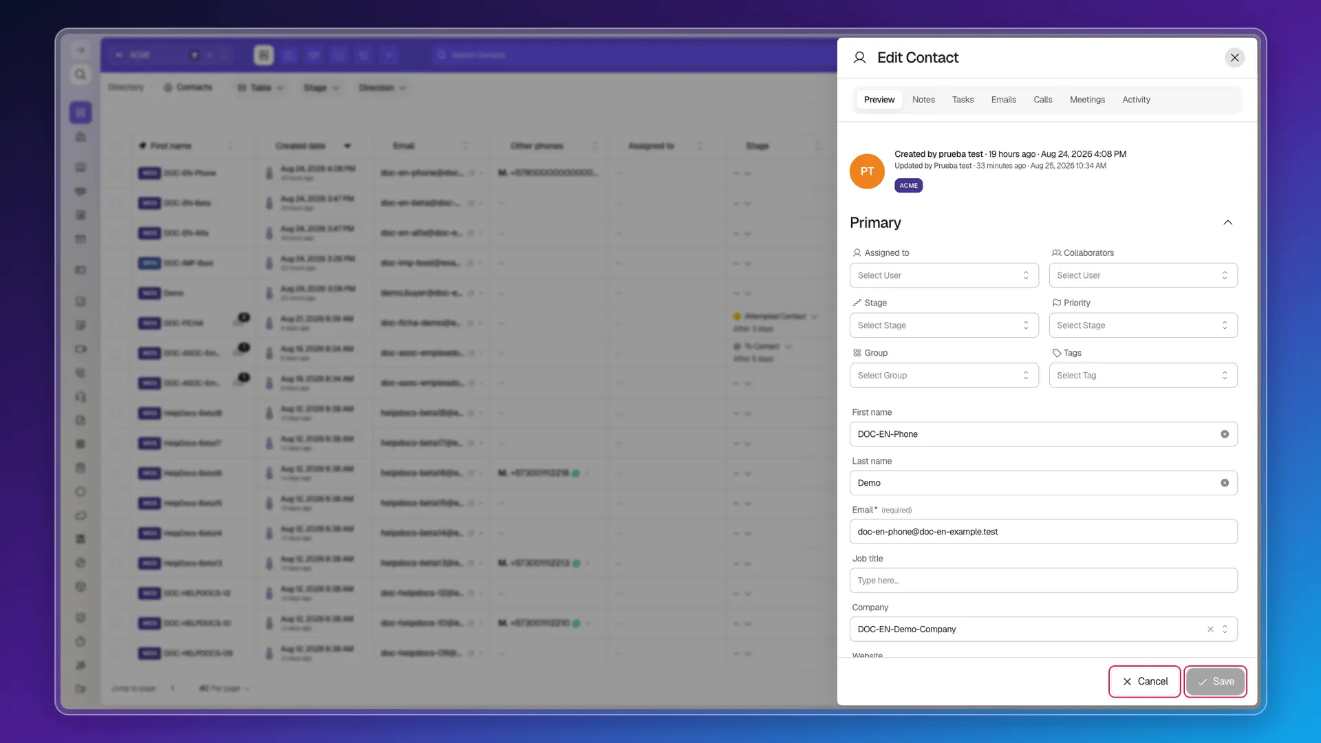 Edit Contact form with the Cancel and Save footer highlighted