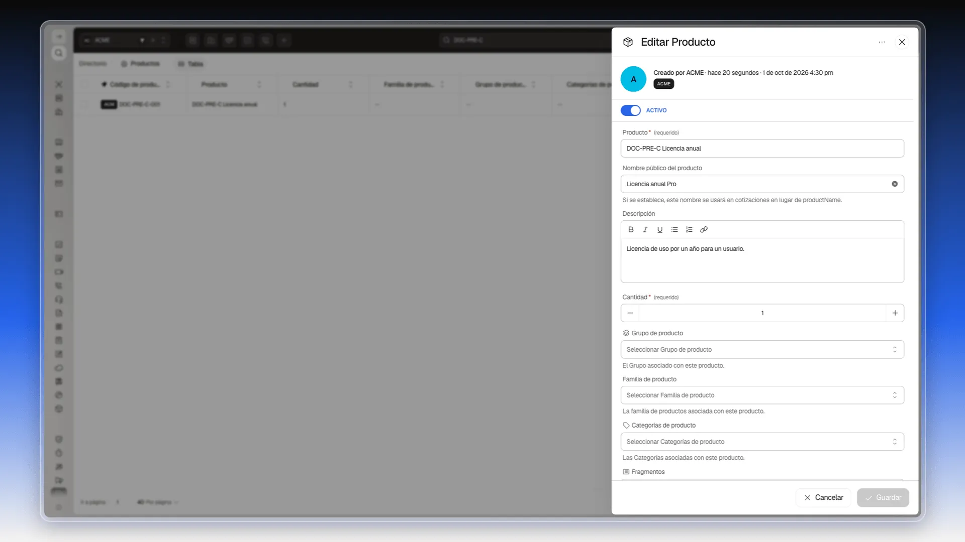 Panel Editar Producto con los datos del producto de ejemplo y el botón Guardar