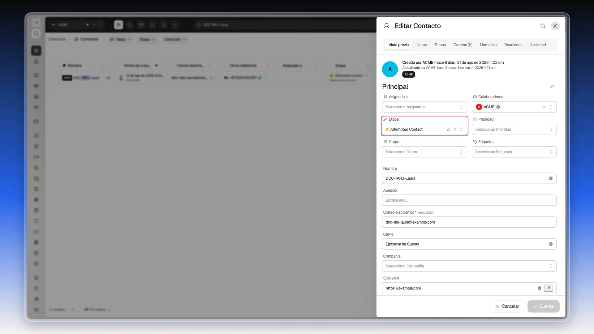 Selector Etapa en la sección Principal del formulario de edición del contacto