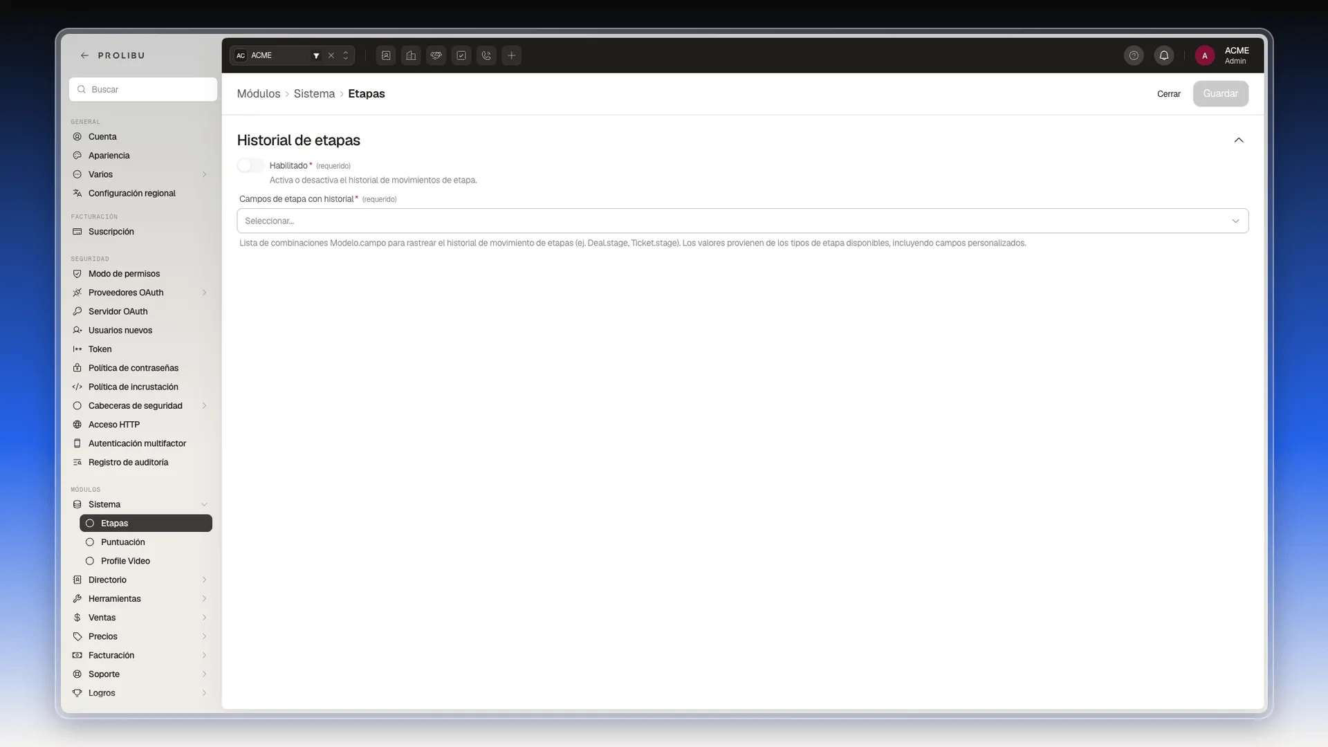 Pantalla Sistema → Etapas con Historial de etapas