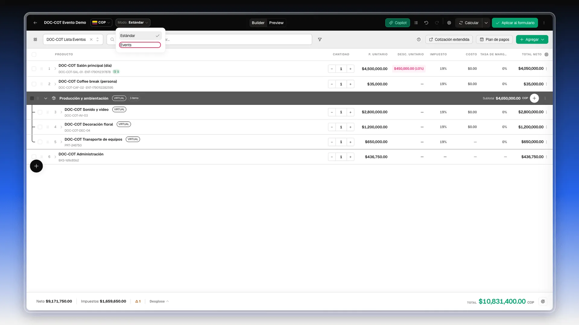 Selector Modo desplegado con la opción Events resaltada, debajo de Estándar