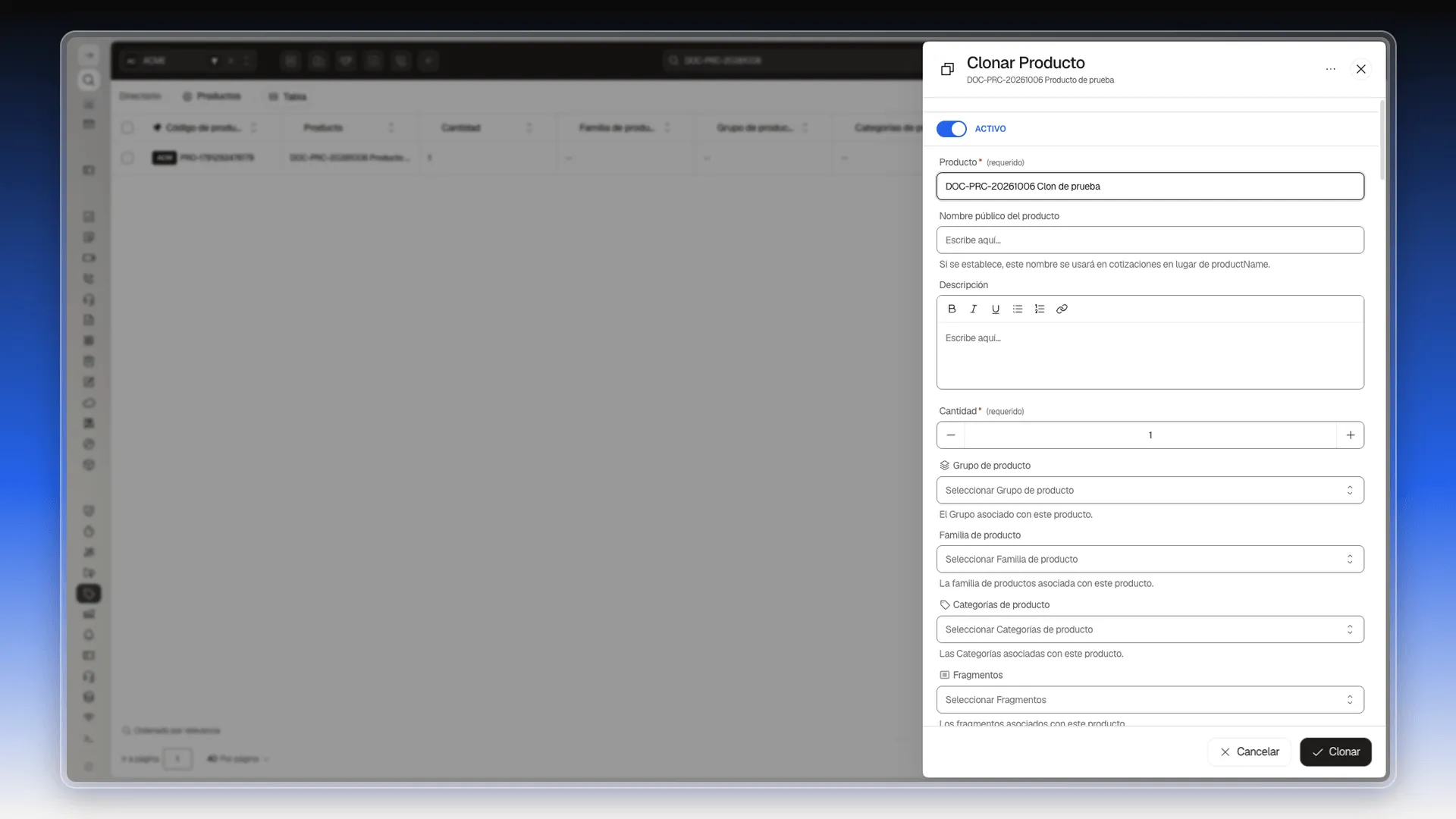 Panel Clonar Producto con el nombre del clon listo para guardar y la ficha original filtrada detrás