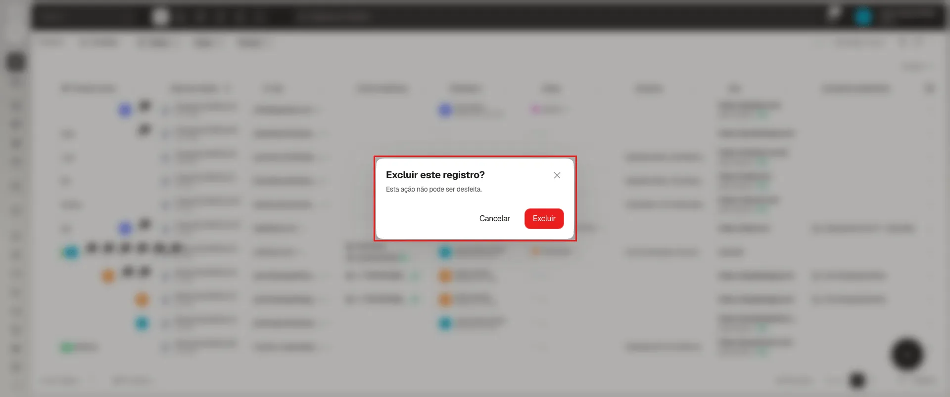 Diálogo de confirmação Excluir este registro?