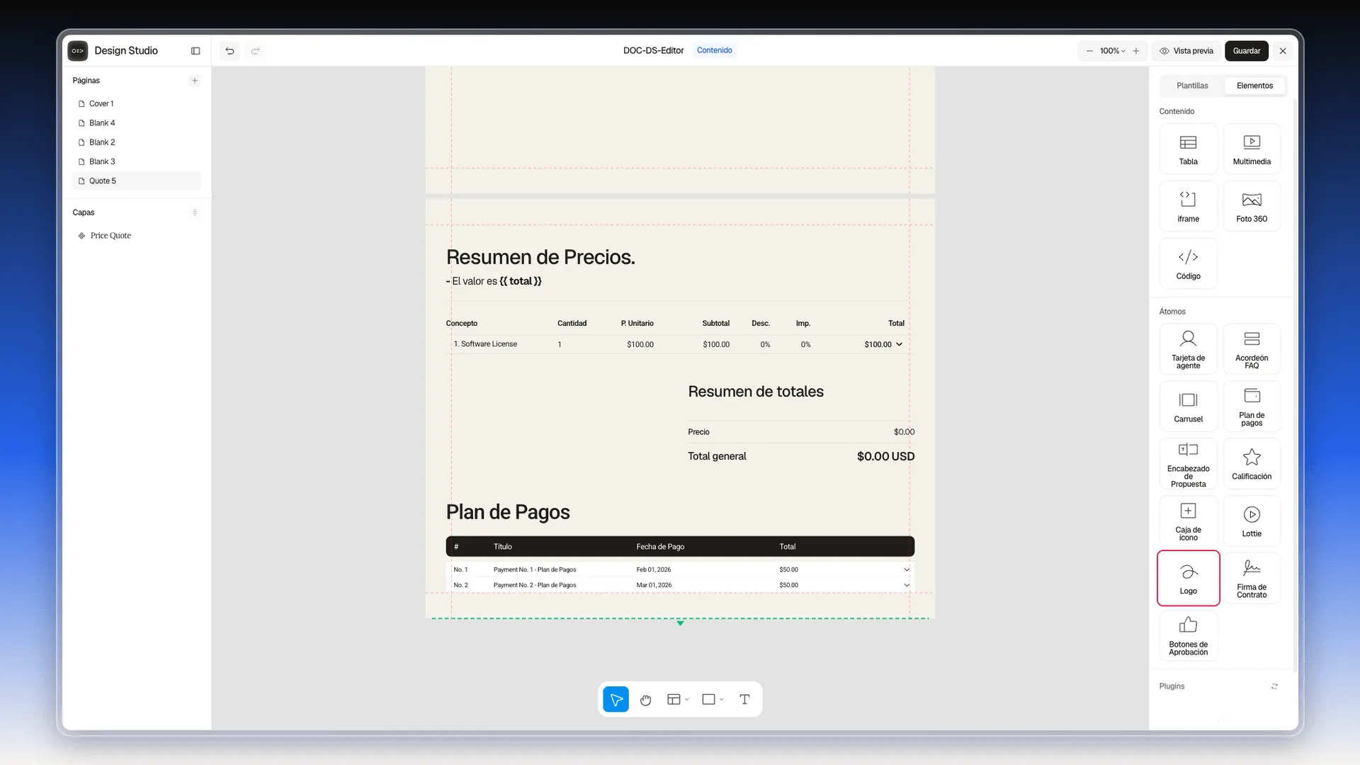 Pestaña Elementos con el grupo Átomos y la tarjeta Logo resaltada, y debajo el grupo Plugins