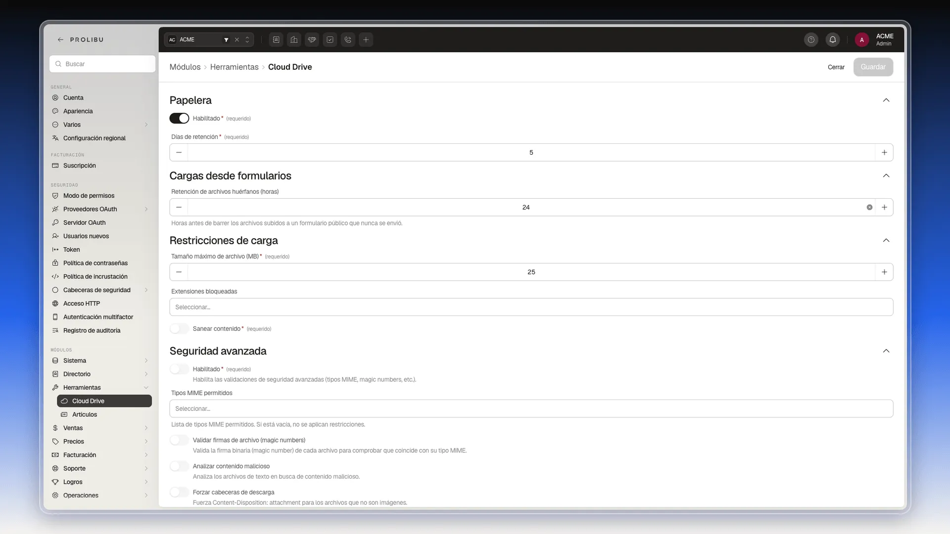 Pantalla Herramientas → Cloud Drive con Papelera y restricciones de carga
