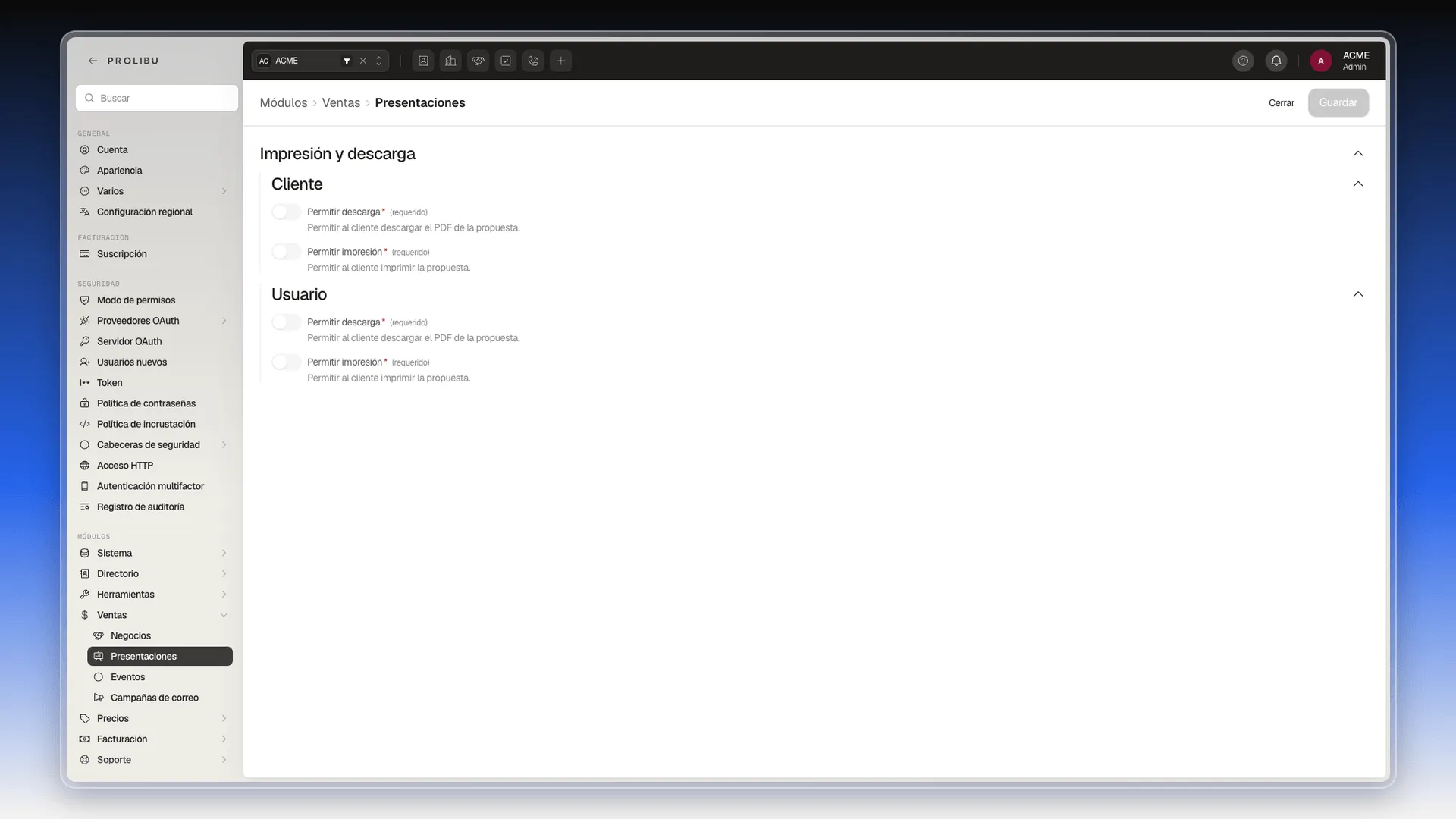 Pantalla Ventas → Presentaciones con Impresión y descarga para Cliente y Usuario