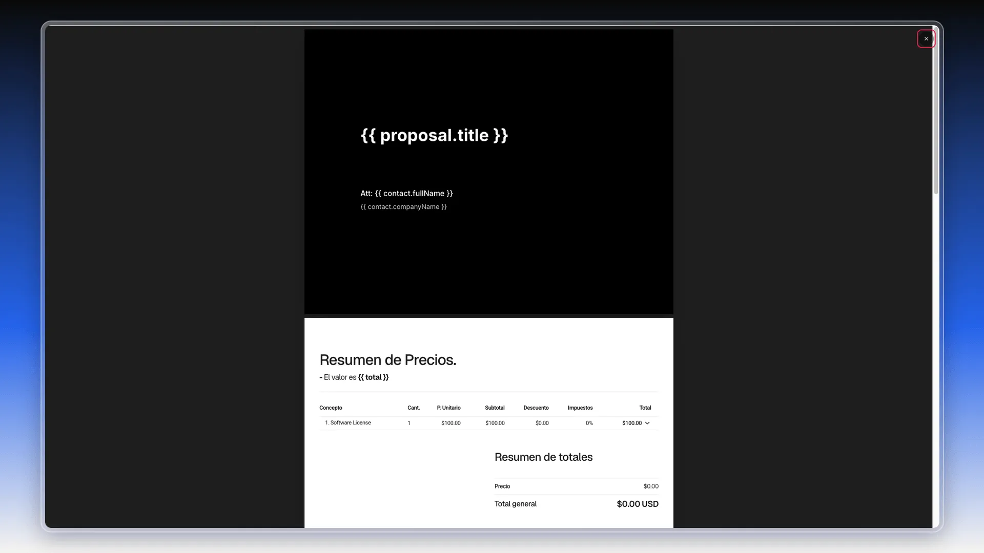 Vista previa del documento a pantalla completa con el botón para cerrar resaltado