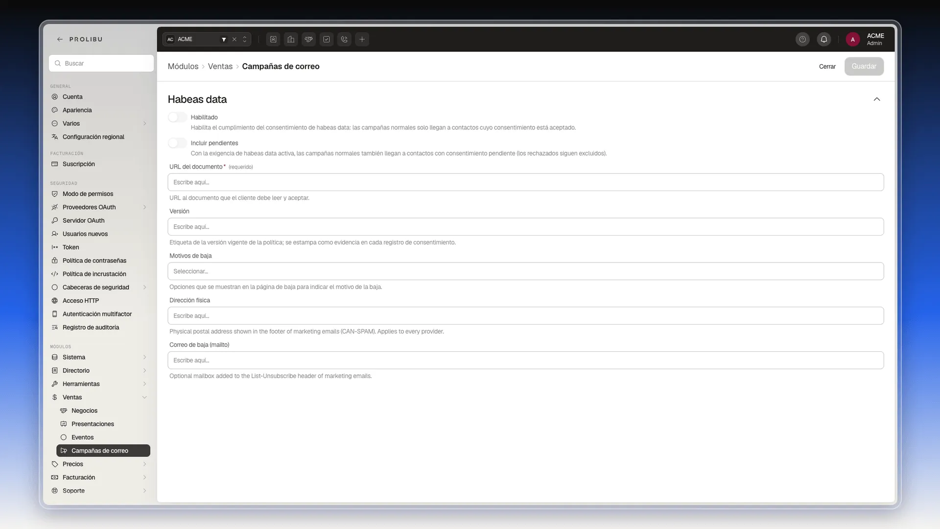 Pantalla Ventas → Campañas de correo con Habeas data, Motivos de baja, Dirección física y Correo de baja