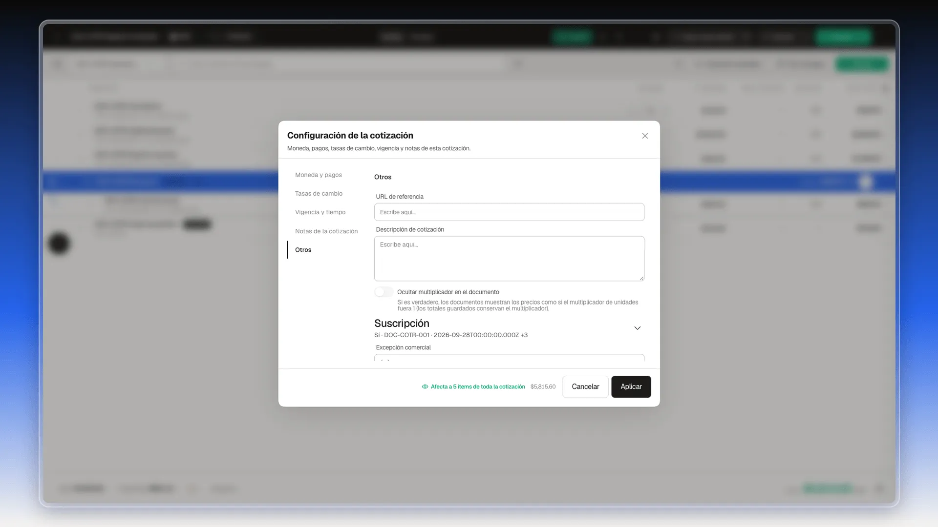 Sección Otros de la Configuración de la cotización, con URL de referencia, Descripción de cotización, Ocultar multiplicador en el documento, el desplegable Suscripción cerrado y Excepción comercial