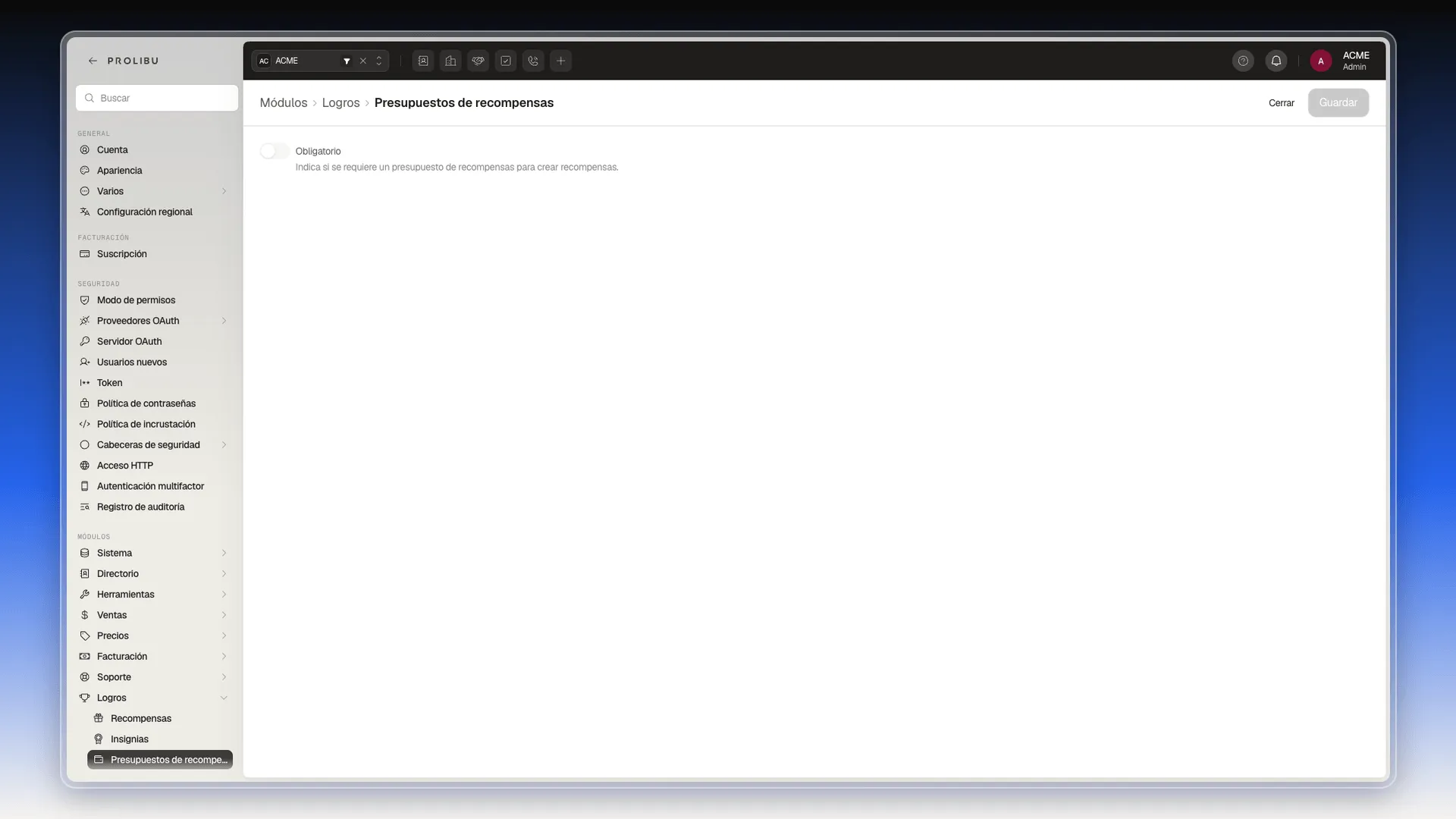 Pantalla Logros → Presupuestos de recompensas con el interruptor Obligatorio