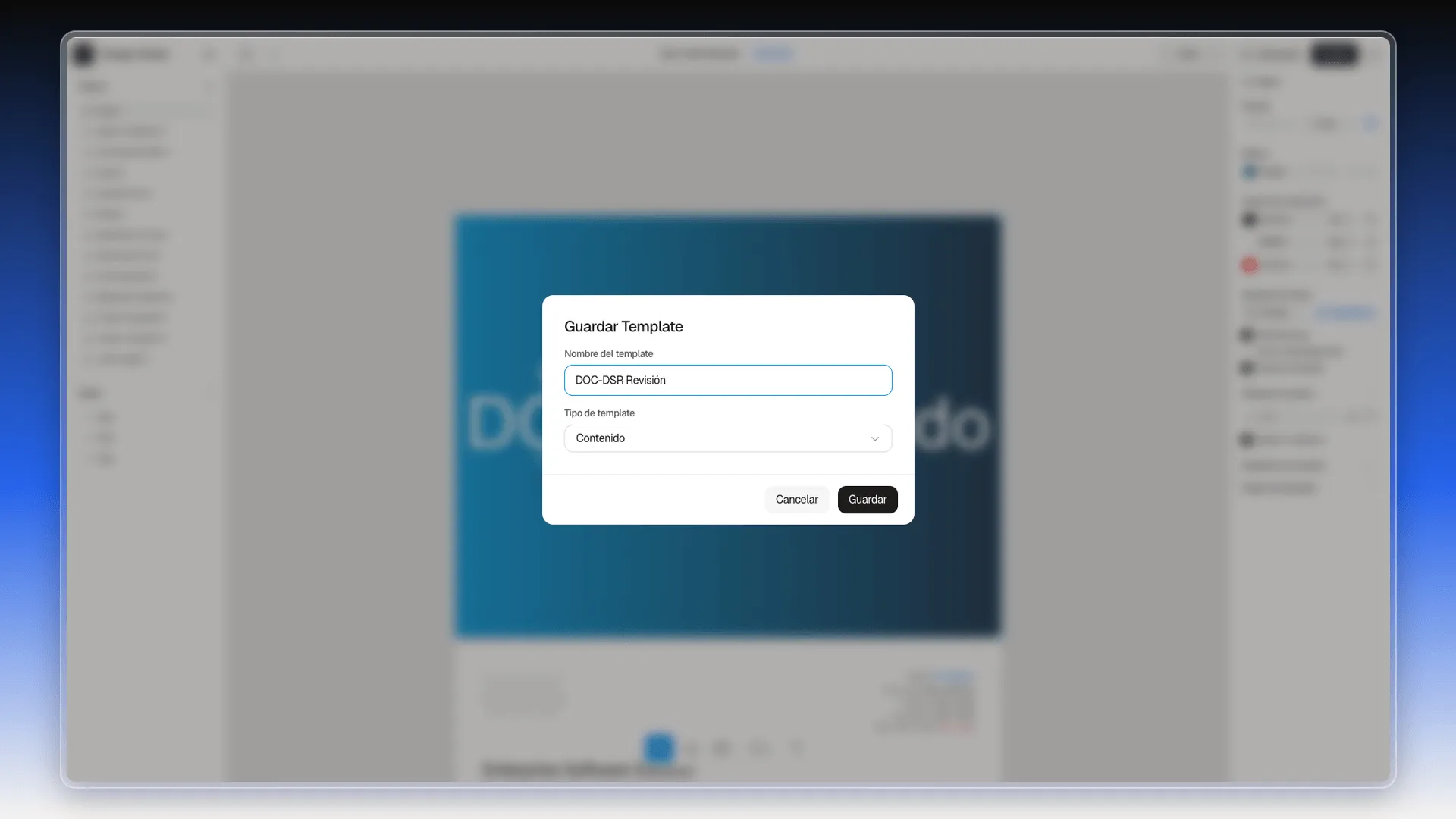 Cuadro Guardar Template con el nombre DOC-DSR Revisión y el tipo Contenido, encima del editor