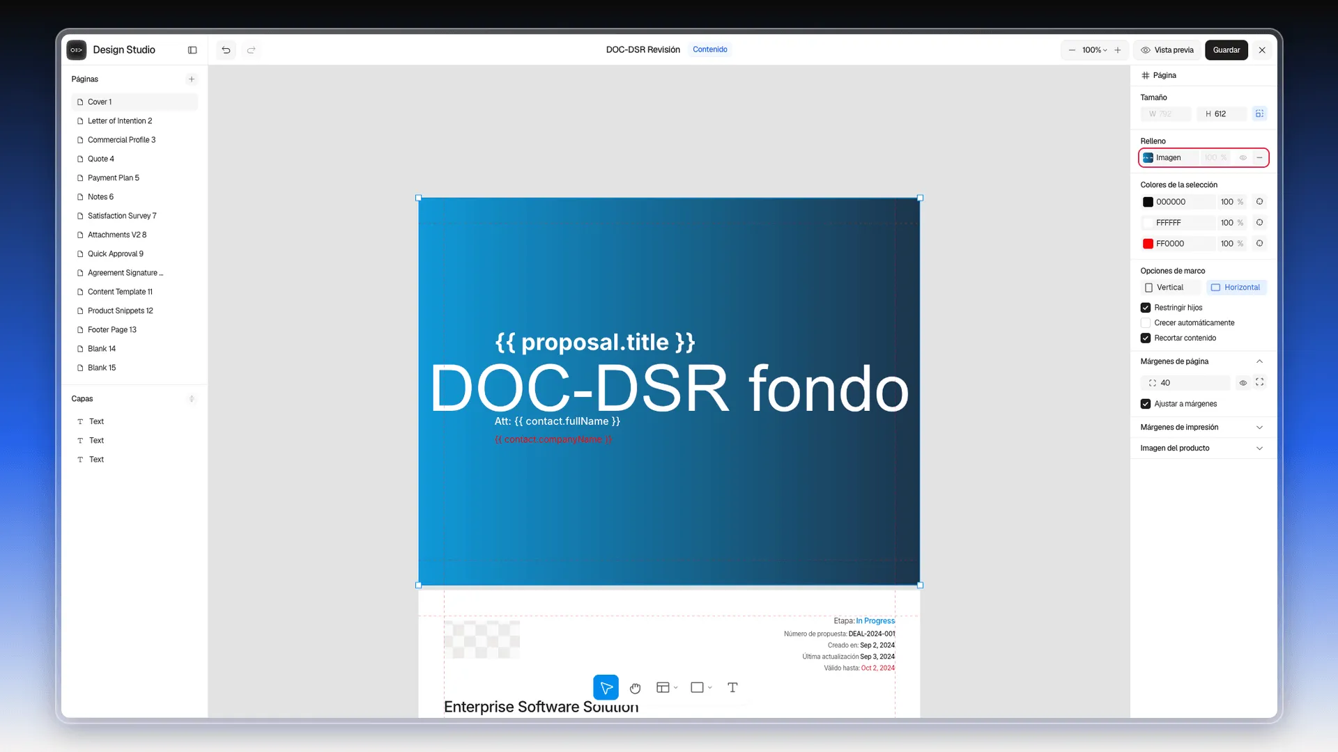 Portada con una imagen de fondo de prueba y la fila Relleno del panel derecho resaltada, que dice Imagen