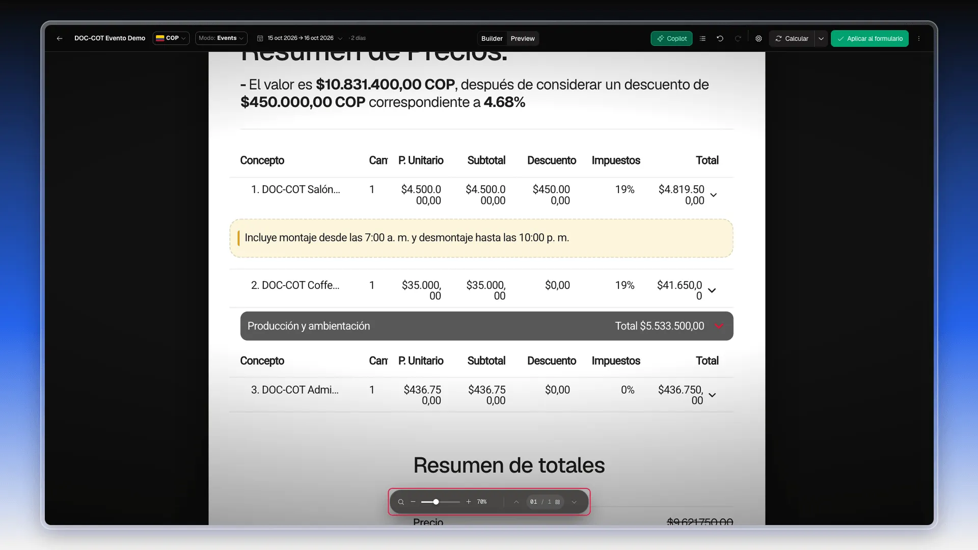Vista Preview del cotizador al 70% con la tabla de la propuesta, una nota especial y un grupo, y la barra de zoom y páginas resaltada