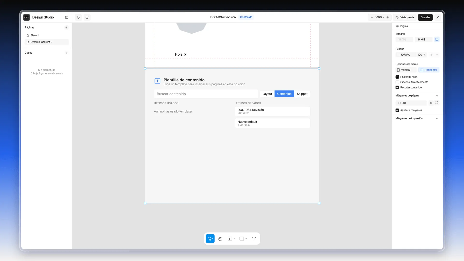 Página Plantilla de contenido en el lienzo, con el buscador, las pestañas Layout, Contenido y Snippet y las listas Últimos usados y Últimos creados