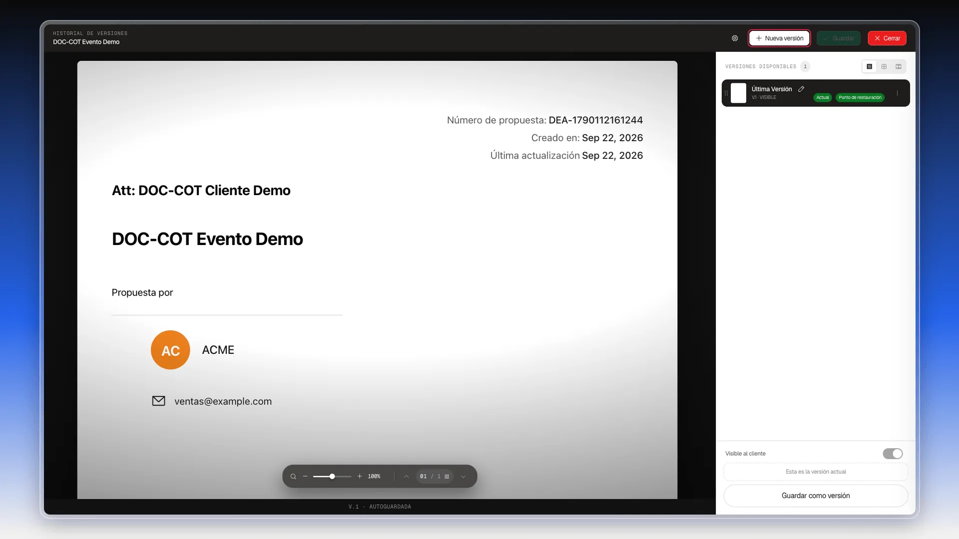 Historial de versiones con el botón Nueva versión resaltado y la lista Versiones disponibles a la derecha