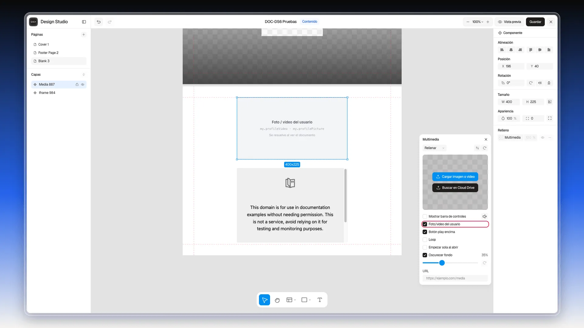 Cuadro Multimedia con la casilla Foto/video del usuario resaltada y, en el lienzo, el recuadro con el aviso Foto / video del usuario