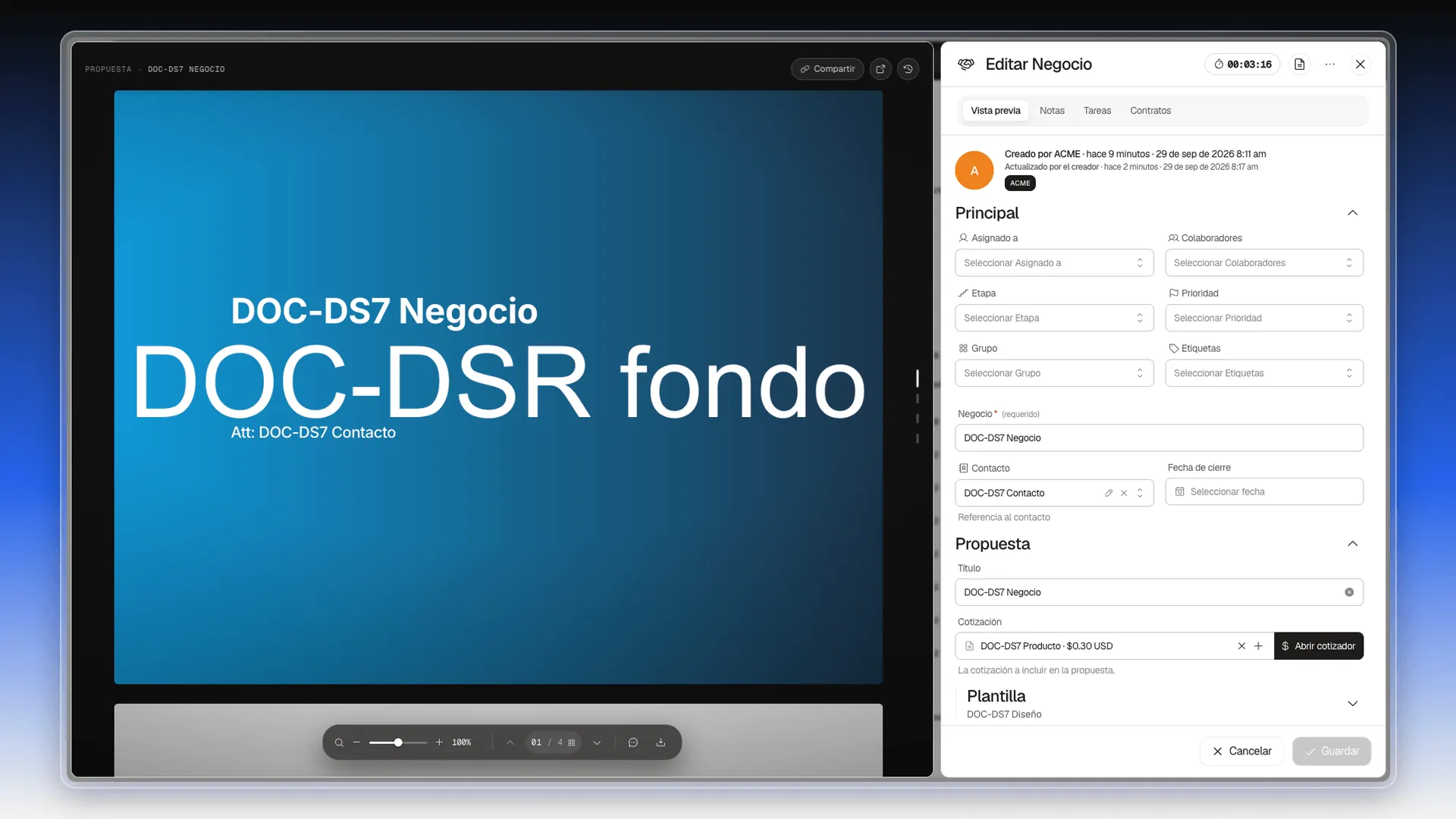 Negocio con la propuesta a la izquierda: la portada lleva de fondo la imagen de portada del producto, con el título y el contacto encima, y a la derecha la sección Propuesta con la plantilla DOC-DS7 Diseño