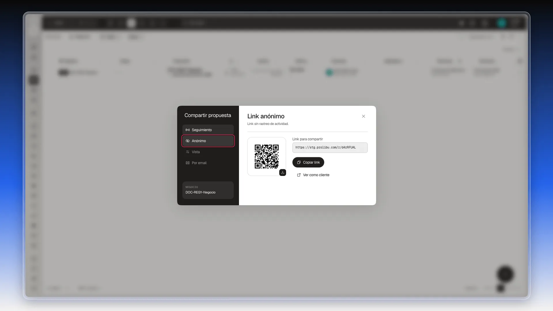 Diálogo Compartir propuesta en la pestaña Anónimo, resaltada, con el código QR, el link para compartir, Copiar link y Ver como cliente