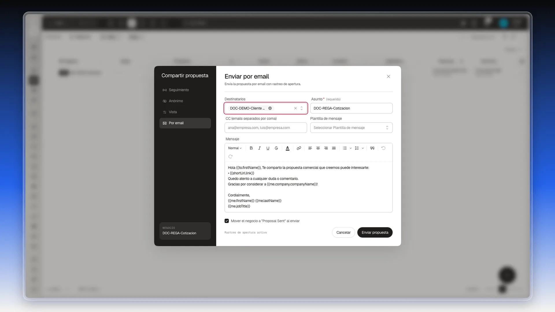 Formulario Enviar por email con el campo Destinatarios resaltado, precargado con el contacto del negocio