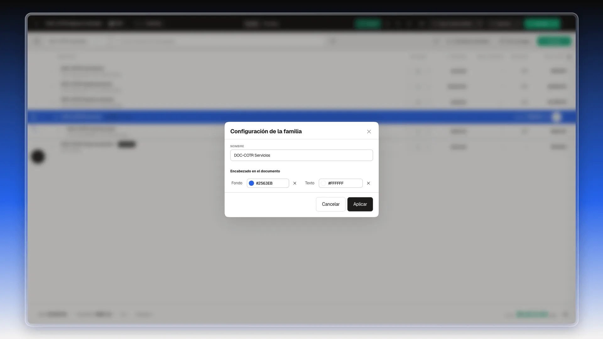 Ventana Configuración de la familia con el nombre DOC-COTR Servicios, fondo #2563EB y texto #FFFFFF