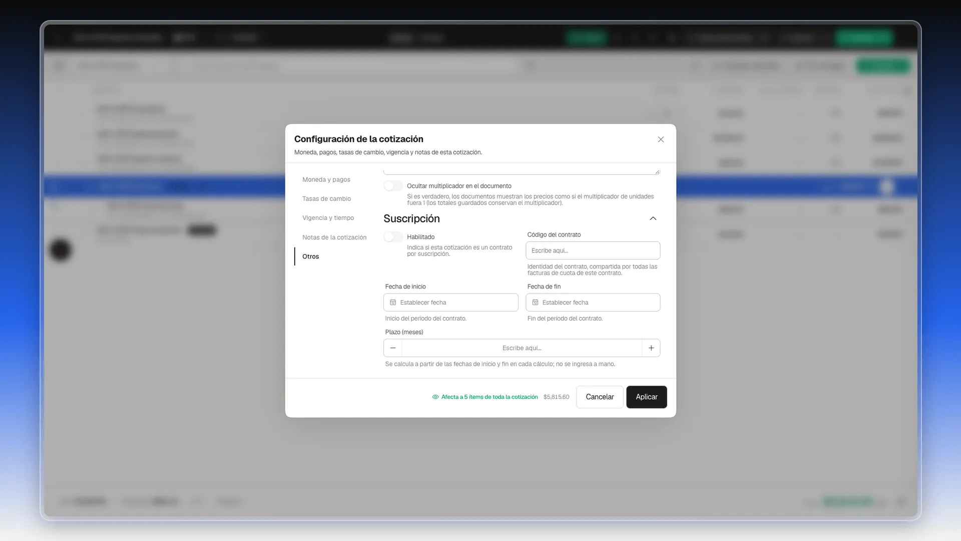 Desplegable Suscripción abierto en la sección Otros, con Habilitado, Código del contrato, Fecha de inicio, Fecha de fin y Plazo (meses)