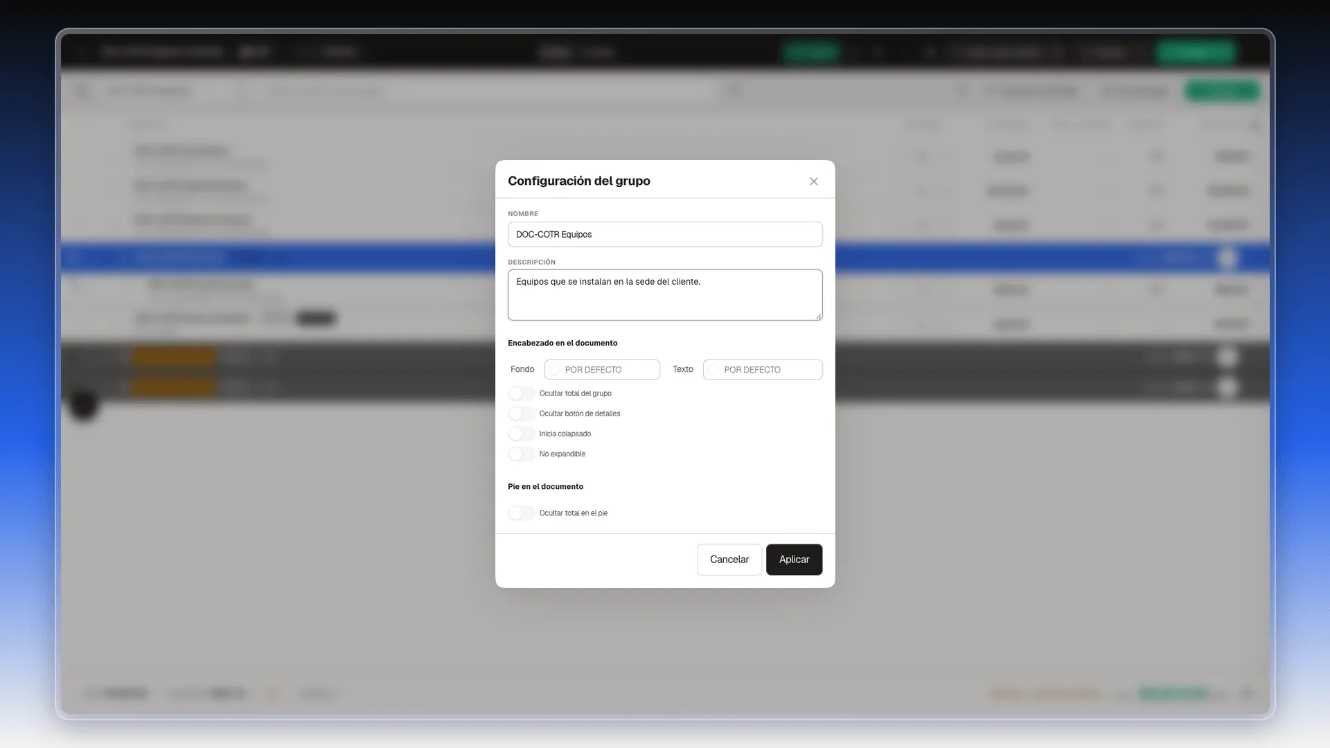 Ventana Configuración del grupo con nombre y descripción escritos, los colores del encabezado y los interruptores del encabezado y del pie