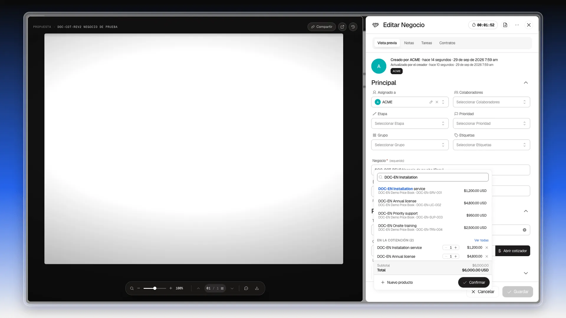 Selector Catálogo abierto desde el campo Cotización, con la búsqueda DOC-EN Installation, cuatro productos y la lista En la cotización con dos productos y su total