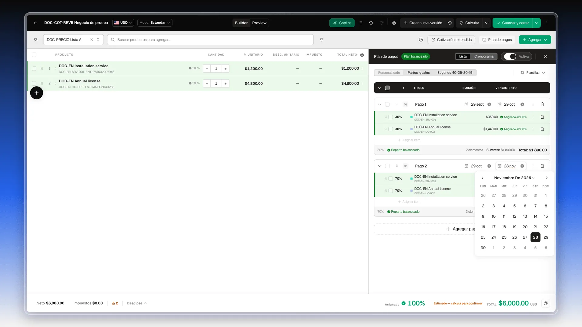 Panel Plan de pagos con dos pagos y el calendario de noviembre abierto para cambiar el vencimiento del Pago 2